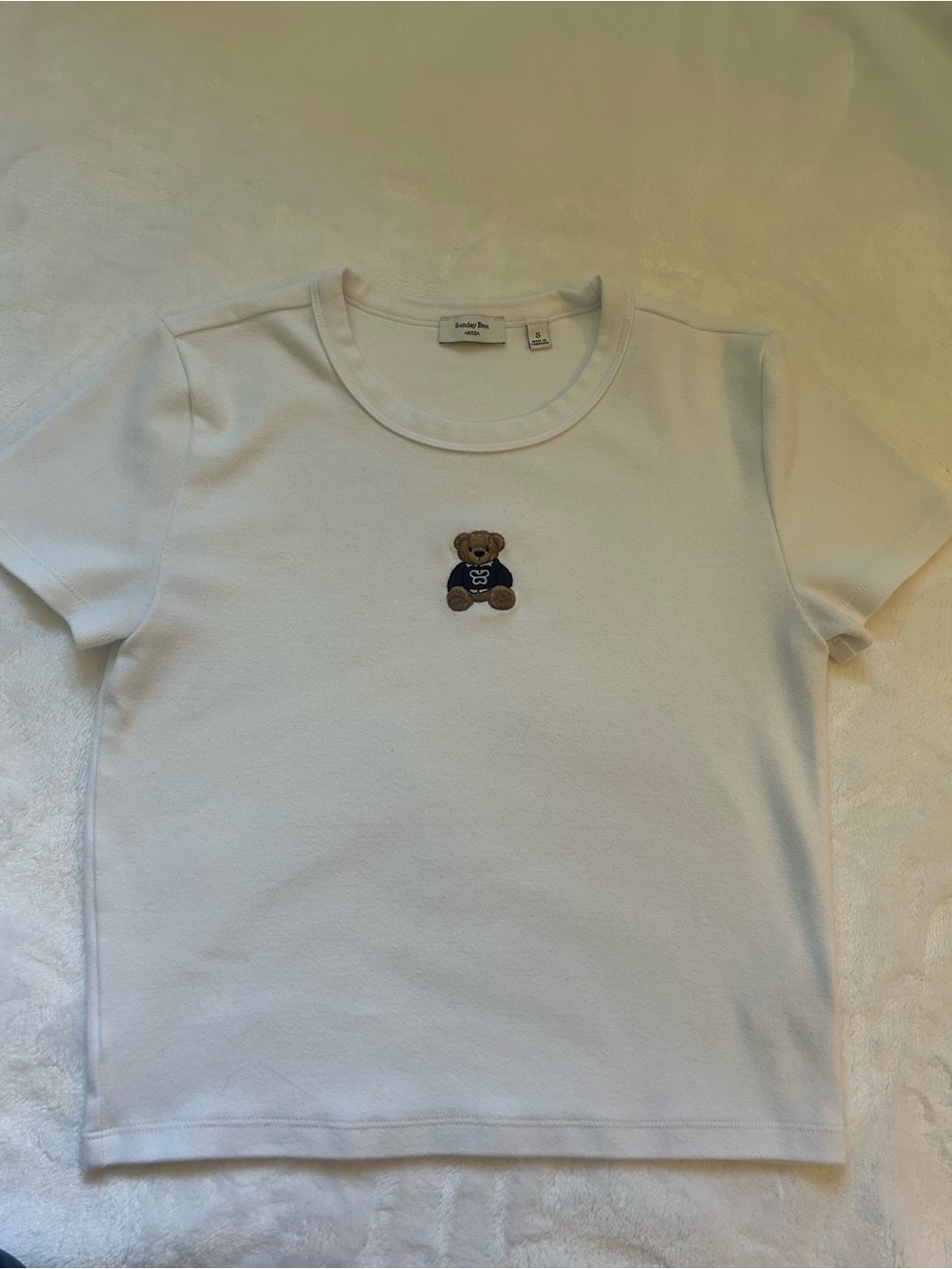Aritzia Women’s White Tee with Embroidered Brown Bear